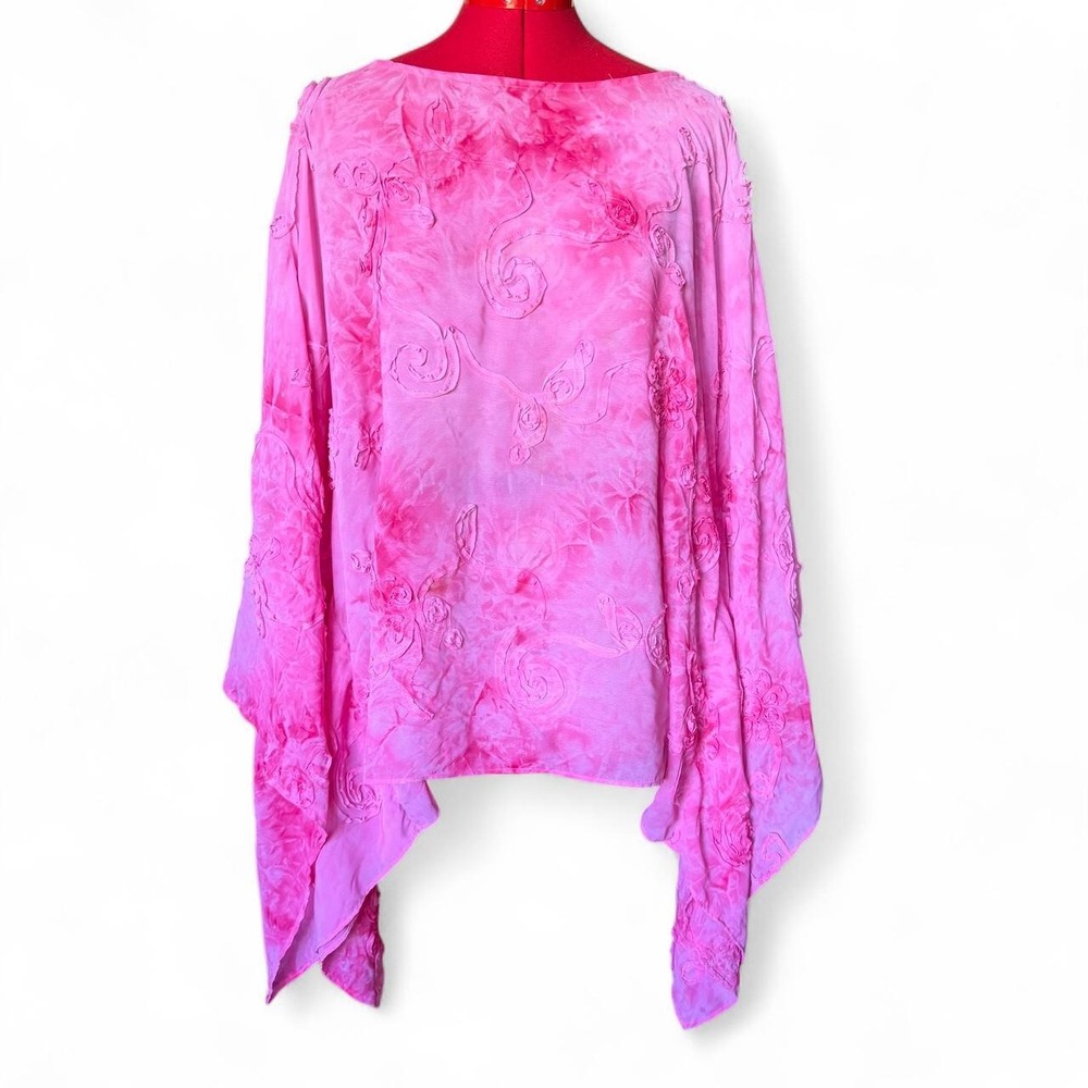y2k dressbarn pink tie-dye with floral embroidery poncho blouse one size